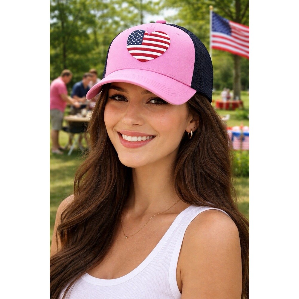 NEW Shiraleah Pink Trucker Hat American Flag USA Heart Patch Snapback July 4th